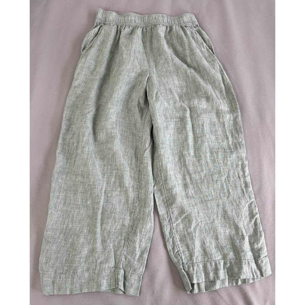 tahari Essentials Women's 100% Linen Green Crop Wide Leg Sz Large Pull On‎
